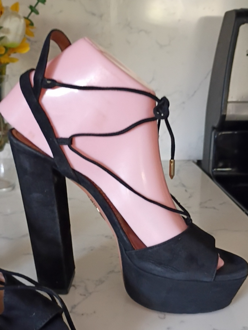 Aquazzura Women’s Black Suede Platform Lace-Up Heels